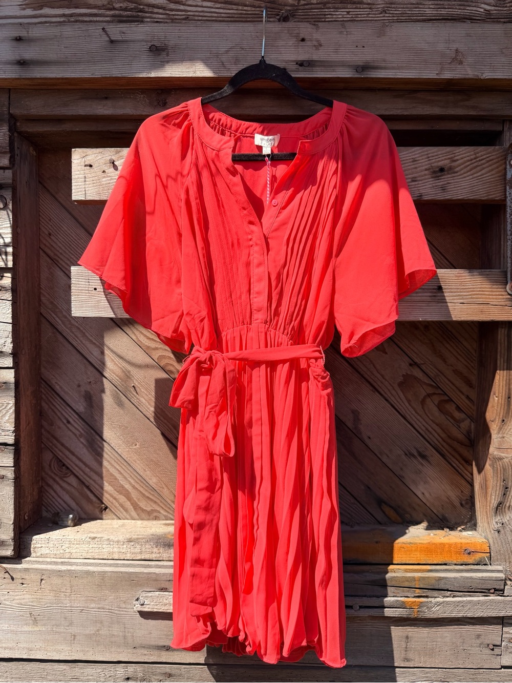 Umgee Coral-Red Tie-Waist Pleated Mini Dress